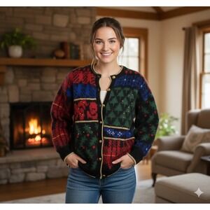 Susan Bristol Hand Embroidered Cardigan Sweater L Multi Color Festive Pattern
